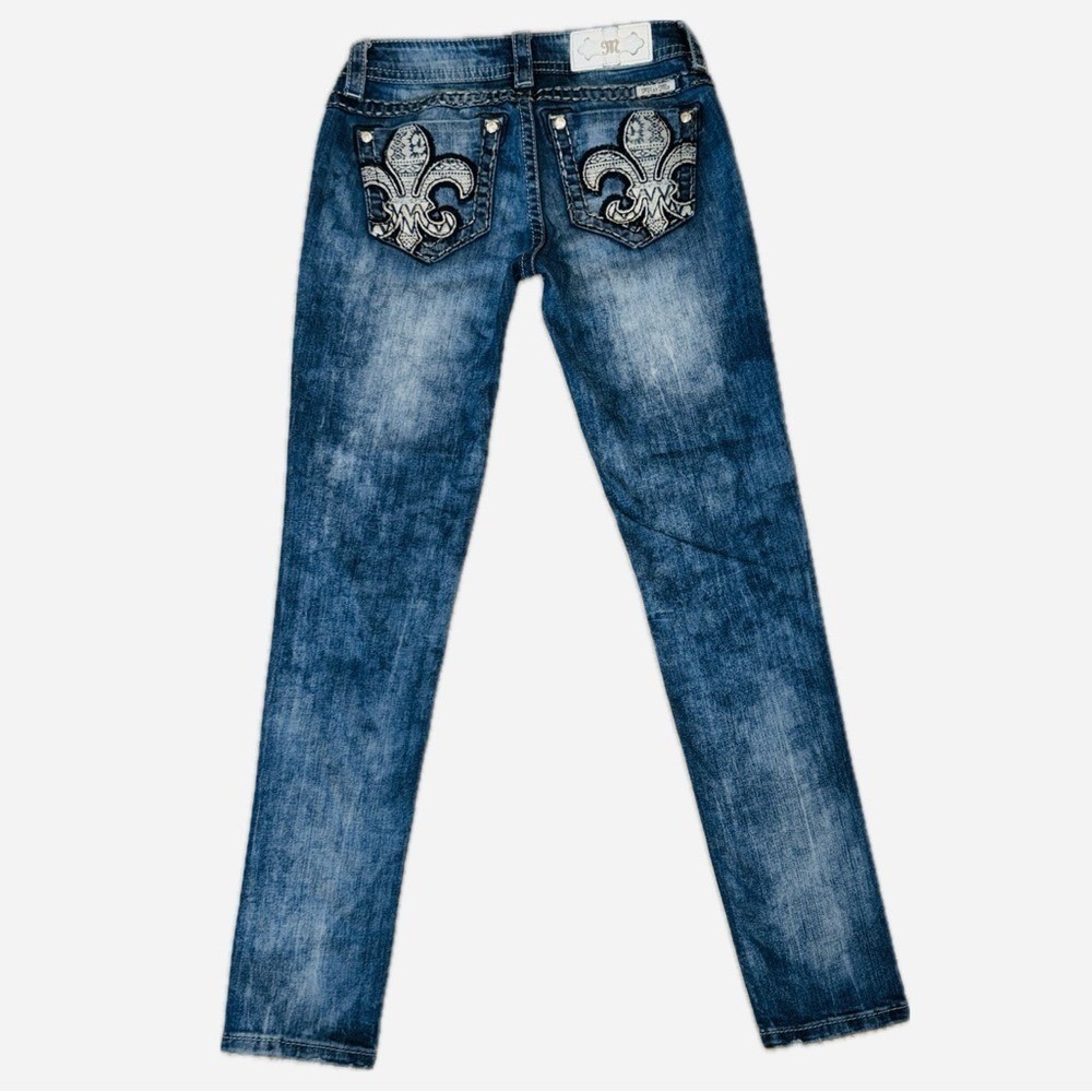 👖⚜️ MISS ME Mid‎ Rise Skinny Fleur Embellished Western Distressed Blue Sz 26